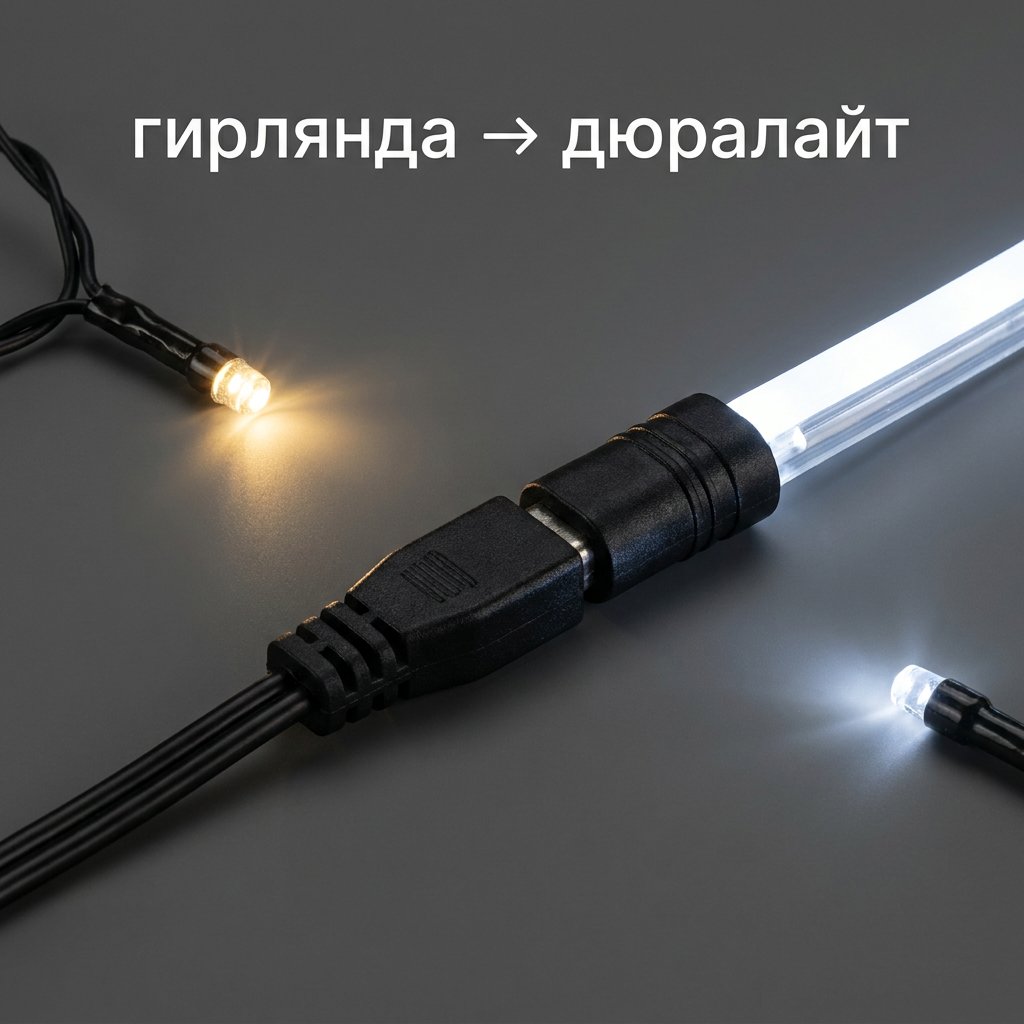 Коннектор-переходник (шнур) гирлянда → дюралайт, провод чёрный