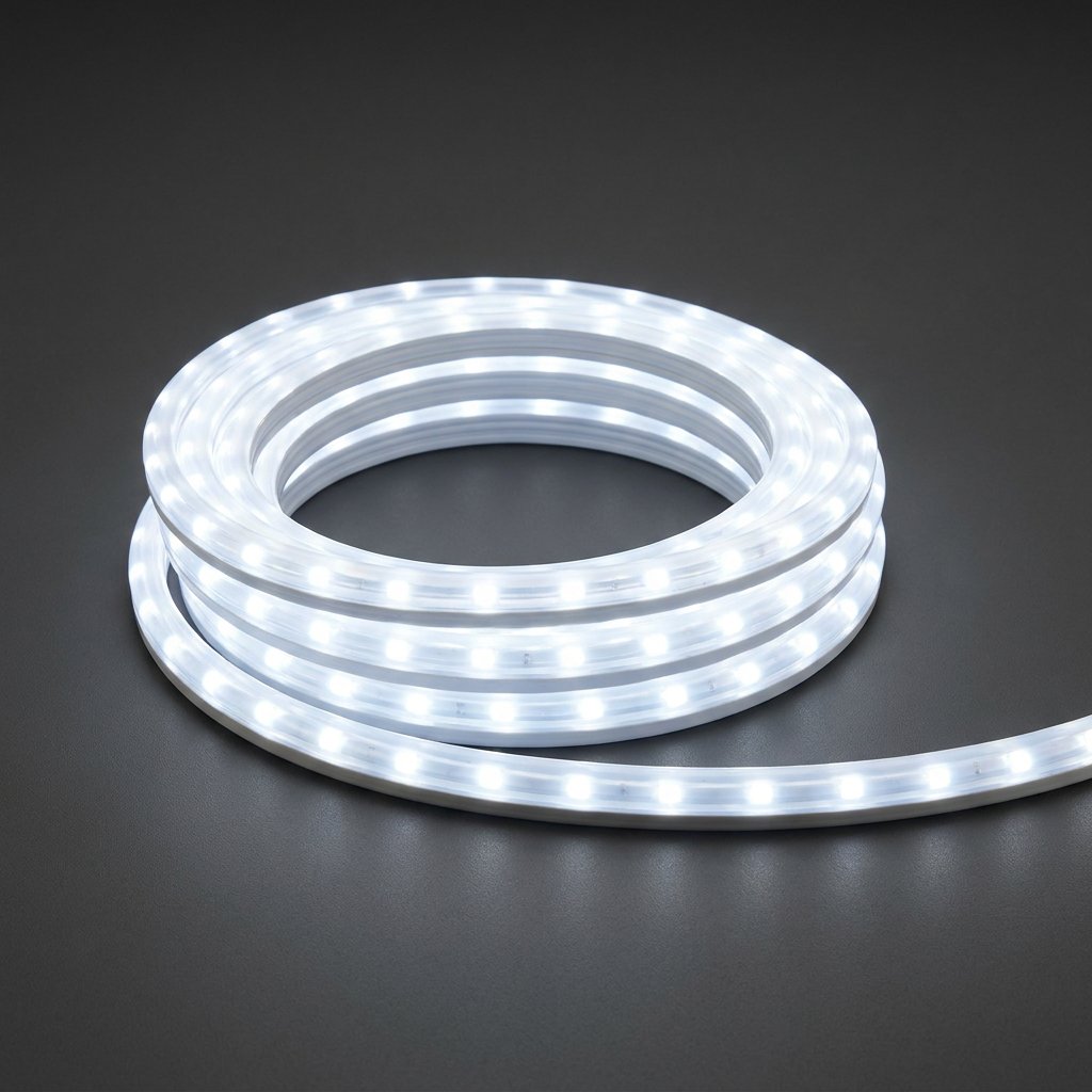 Светодиодный Дюралайт Ø10 мм, двухжильный, БЕЛЫЙ, 230В, 24 LED/м, постоянное свечение, модуль 2м, Бухта 100м